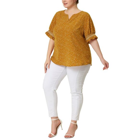Plus Size Top for Women Pin Dots Boho Smocked Short Sleeves Blouses Yellow - Picture 2 of 5